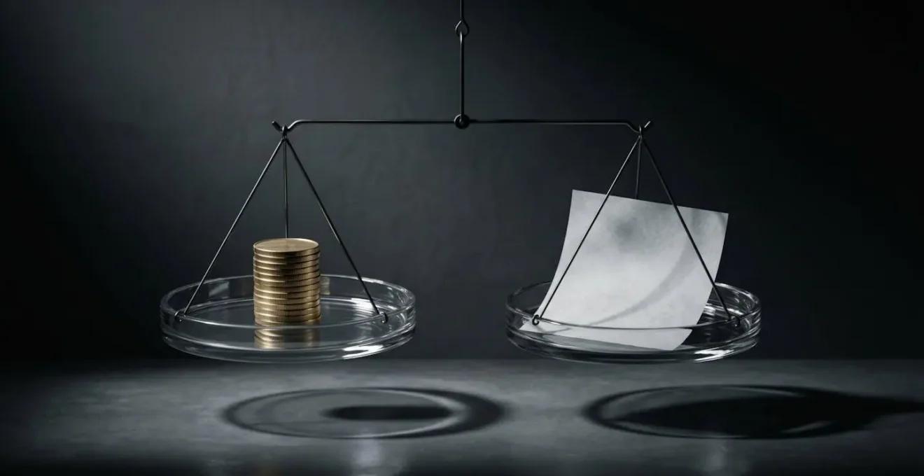 Balance en équilibre avec plateaux transparents, un côté contenant des pièces dorées et l'autre un document translucide, photographiée en studio avec éclairage dramatique