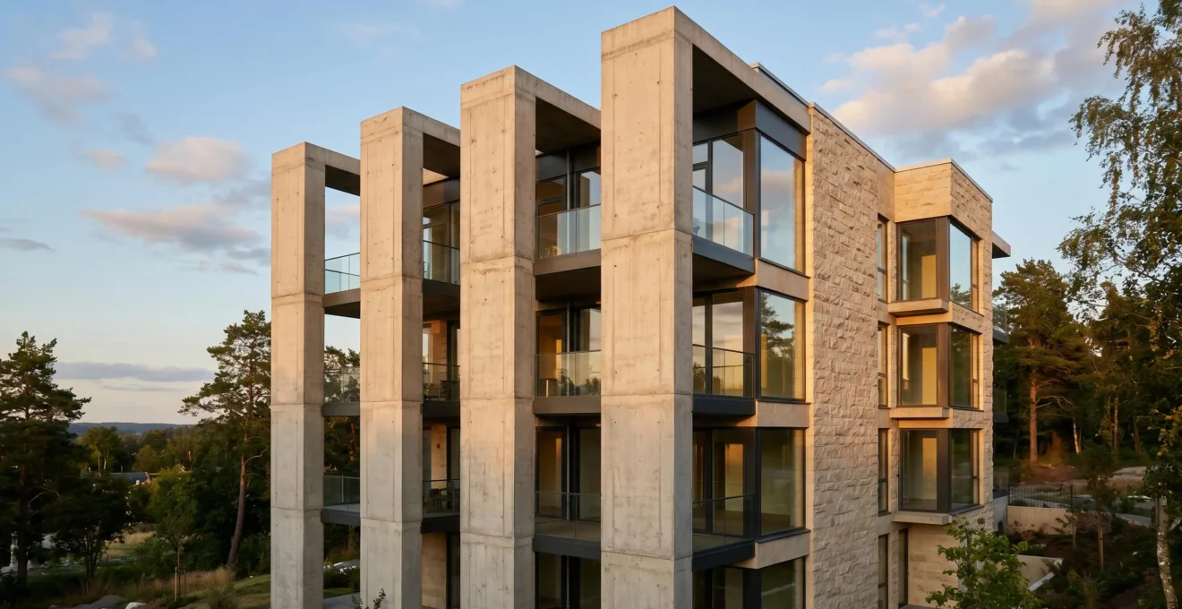 Façade d'immeuble résidentiel moderne avec trois piliers structurels apparents en pierre claire, photographiée en contre-plongée sous lumière naturelle dorée