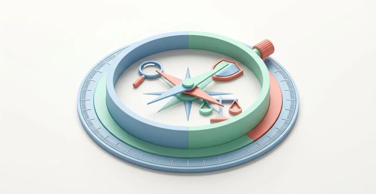 Illustration 3D isométrique d'une boussole stylisée à trois aiguilles pointant vers une loupe, un bouclier et une balance, symbolisant les trois expertises d'une agence LMNP