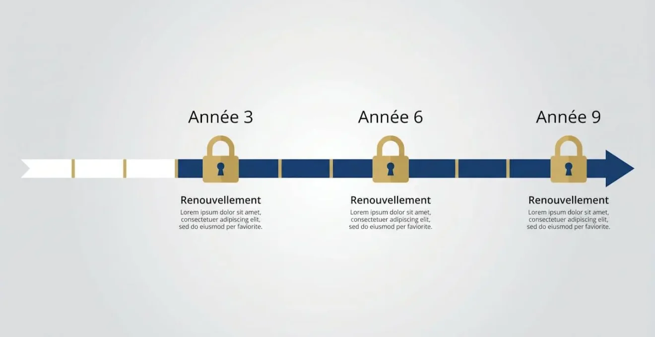Timeline illustrée représentant un bail commercial de 9 ans avec jalons triennaux marqués par des symboles de cadenas dorés aux années 3, 6 et 9
